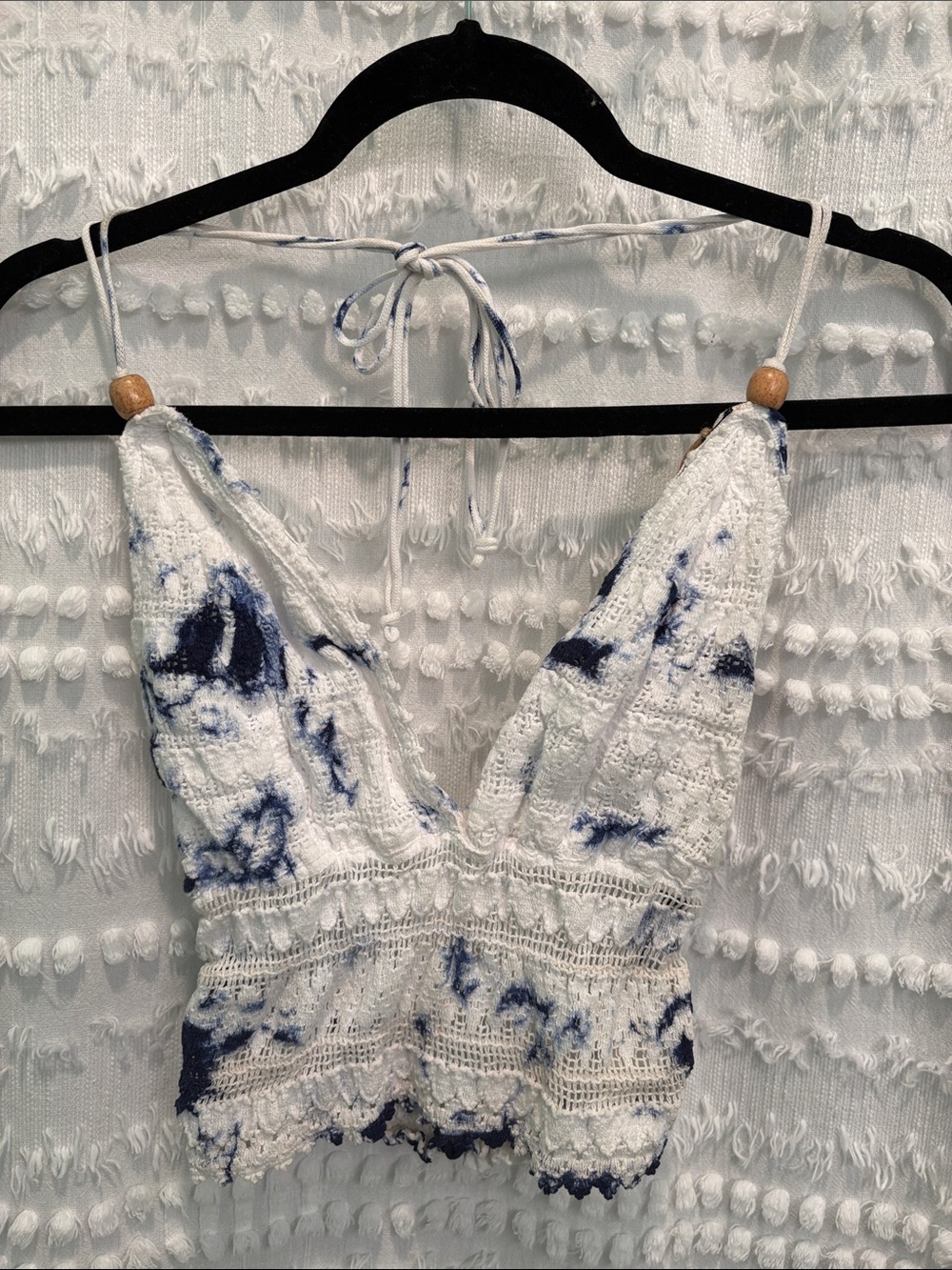 Tie-Dye Crochet Lace White & Navy Halter Crop Top SZ L NWT